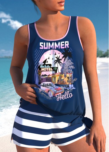 Modlily Tie Mid Waisted Tropical Plants Print Tankini Set - M