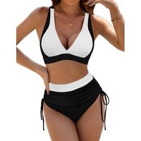 BMJL Modest Drawstring Bathing Suit Women's Tummy Control High Waisted Bikini Sets Outdoorfun FathersDayGift V Neck Swimsuit