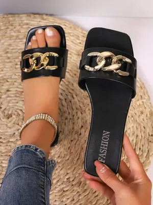 Women's Fashion Chain Decorated Slip on Flat Sandals, 1 Pair Casual Outdoor Beach Vacation Sandals for Women & Girls, Summer ...