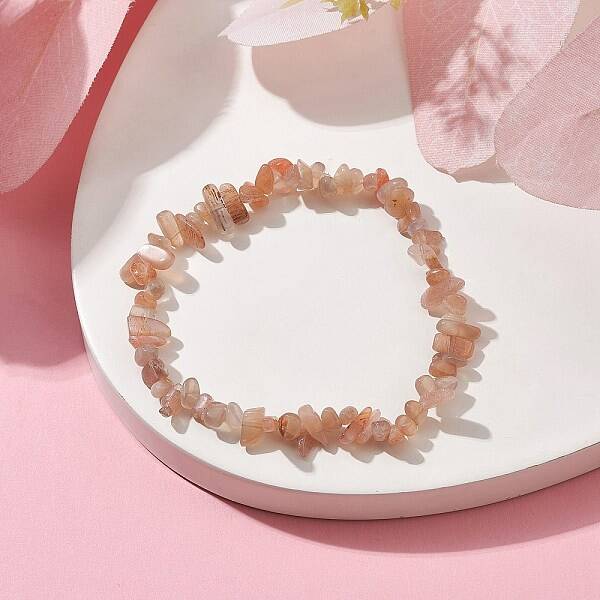 Natural Sunstone Chips Beaded Stretch Bracelets for Women