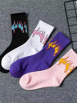 Men's 4 Pairs Fire Pattern Novelty Crew Socks, Anti-odor Ribbed Knit Socks, Street Hip Hop Mid-calf Socks, Multipack Comfy Br...
