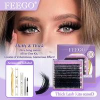FEEGO Lash Extension Kit 200D 10-20MM D Curl Lash Clusters Eyelash 160pcs Extension Kit Individual Lashes with Lash Bond and ...