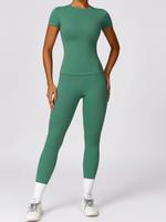 Two-piece Set Women's Solid Round Neck Tee & Leggings Tracksuit Set, Tight Fit Quick Drying Short Sleeve T-shirt & Skinny Pan...