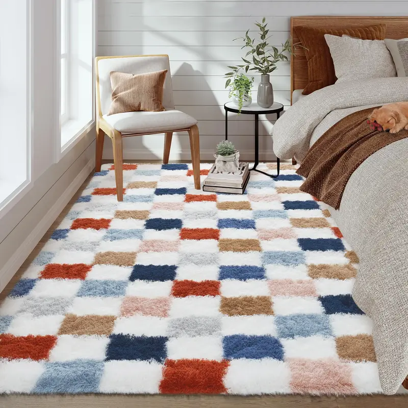Garvee Washable Checkered Rug 5x8 Plush Fuzzy Rugs for Bedroom Thick Shaggy Rug Clearance,Rainbow Modern Shag Rug Super Soft ...