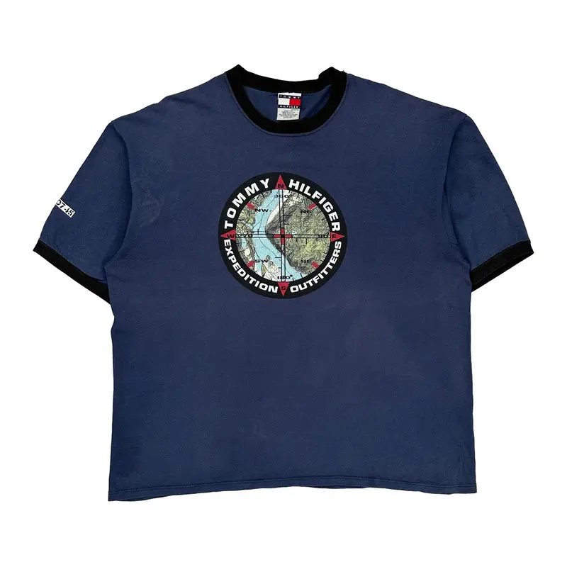 Made In Usa Expedition Outfitters Tommy Hilfiger Graphic T-Shirt - 2XL Blue Cotton