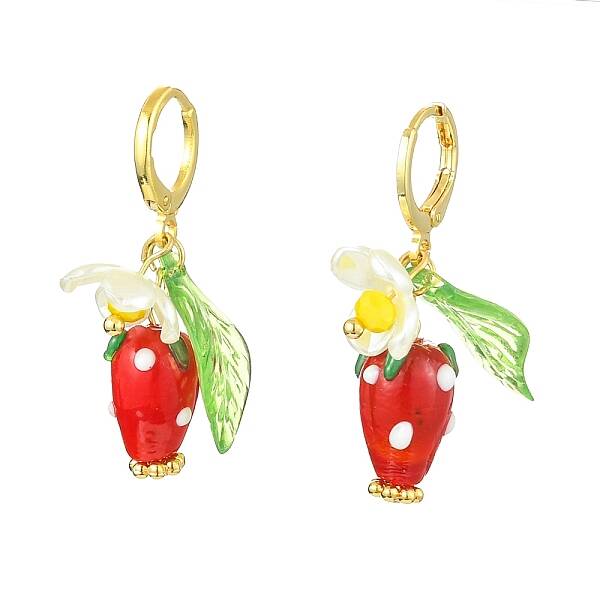 Lampwork Strawberry with Plastic Pearl Flower Dangle Leverback Earring