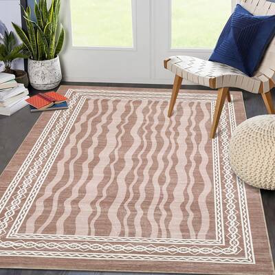 Garvee 9x12 Area Rug Modern Bordered Print Low Pile Faux Wool Non-Slip Stain Resistant Machine Washable for Living Room Bedro...