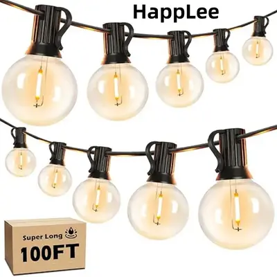 HappLee LED Outdoor String Lights 100FT Patio Light with 50 Shatterproof G40 Dimmable Globe Bulb, Waterproof Outside Hanging ...