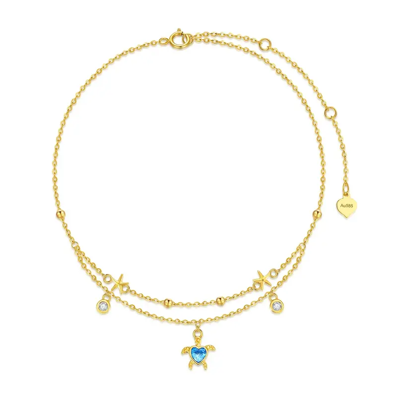 14K Gold Zircon Sea Turtle & Starfish Multi-layered Charm Anklet