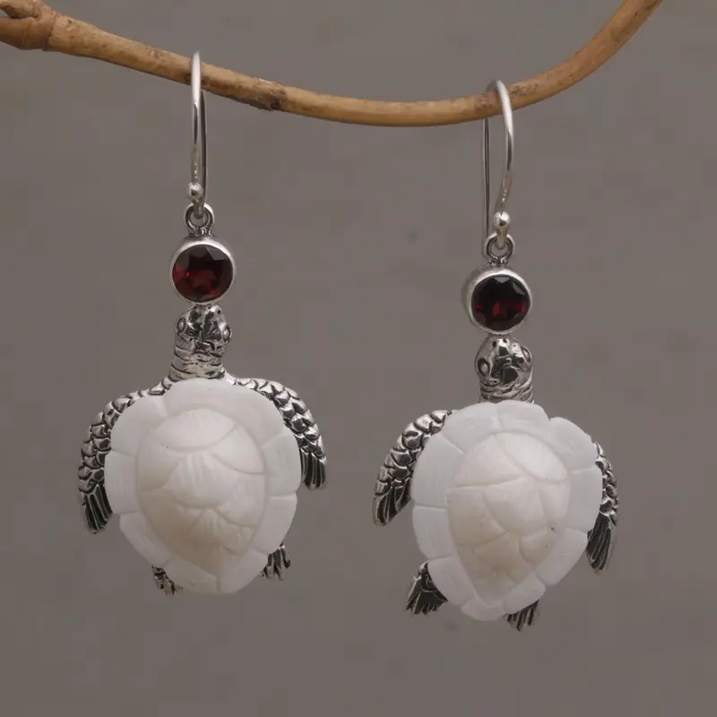 NOVICA Kurma Turtles Garnet Silver & Bone Dangle Earrings