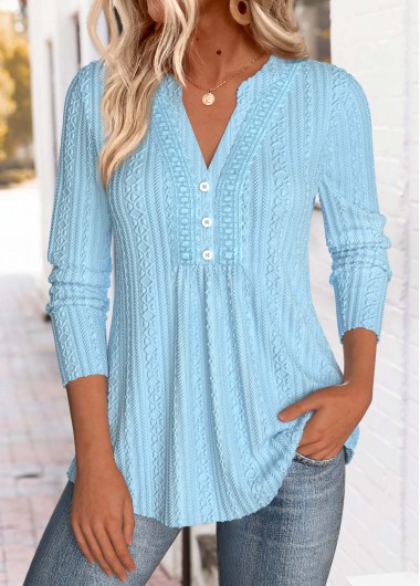 Modlily Blue Tummy Coverage Long Sleeve Split Neck Blouse - L
