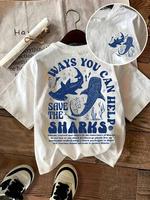 Women's Shark & Letter Print Round Neck Tee, Casual Short Sleeve Crew Neck T-shirt for Daily Wear, Ladies Sleepwear for All S...