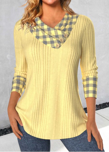 Modlily Light Yellow Patchwork Plaid Long Sleeve T Shirt - XXL