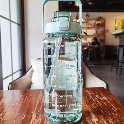 Sports Water Bottle, Large Capacity Straw Drinking Bottle with Time Marker, Ice Cold Water Tumbler, Summer Drinkware, Outdo...