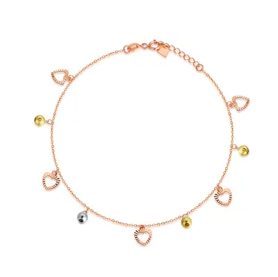 18K Gold Bead Heart Single Layer Charm Anklet for Women