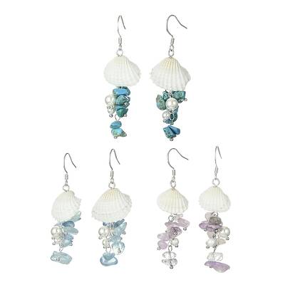 3Pair 3 Style Natural & Synthetic Mixed Gemstone & Shell Dangle Earrings