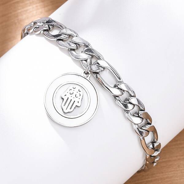 304 Stainless Steel Flat Round with Hamsa Hand Charm Bracelets