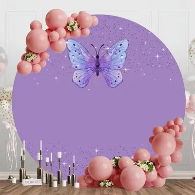 Purple Butterfly Sparkle Round Birthday Backdrop - Aperturee