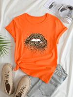 Women's Leopard Lips Print Round Neck Tee, Summer Clothes Women, Casual Fashion Short Sleeve T-shirt for Summer, Ladies Cloth...