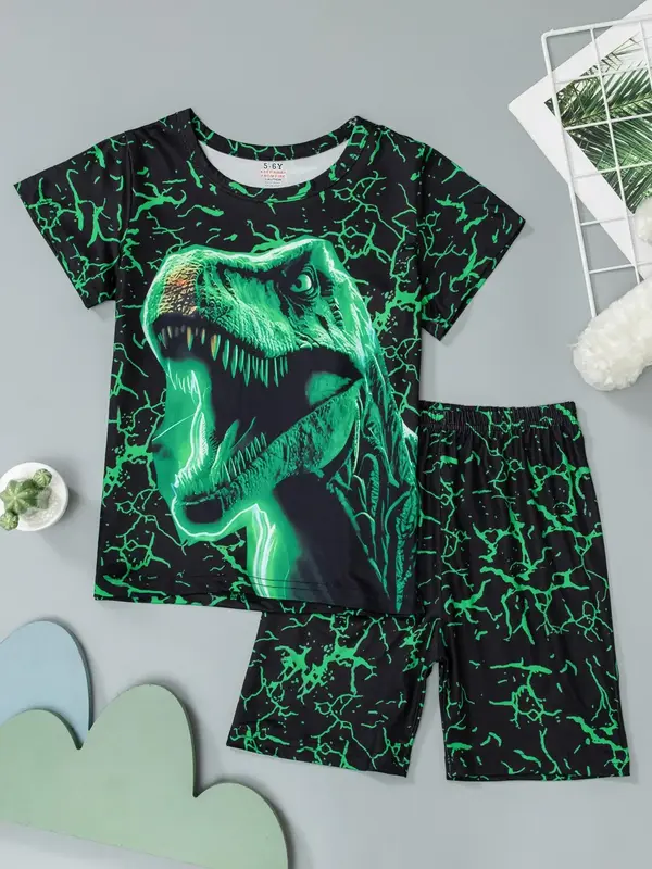 Boy's Dinosaur Print Tee & Shorts Pajama Set, Casual Comfy Round Neck Short Sleeve T-shirt & Shorts PJ Set, Kids Sleepwear fo...