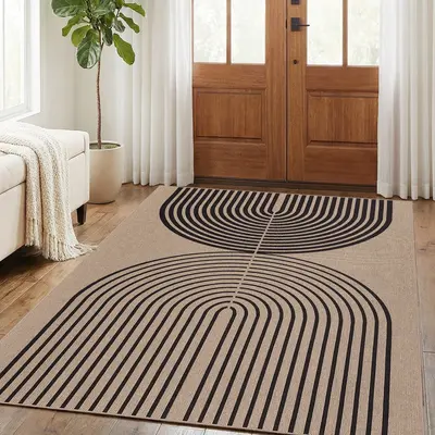 Garvee Modern Easy Jute Area Rug – Non-Slip, Washable, Mark Resistant Carpet – Geometric Striped, Neutral Nature/Black �...