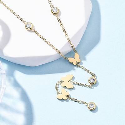 304 Stainless Steel Crystal Rhinestone Butterfly Lariat Necklaces
