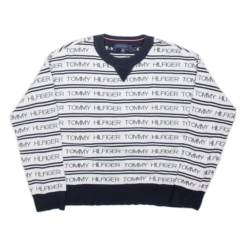 TOMMY HILFIGER Oversized Patterned Jumper White Striped Tight Knit Womens XS