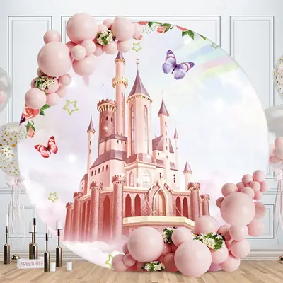 Aperturee Pink Circel Castle Butterfly Floral Birthday Backdrop