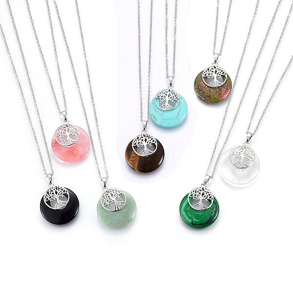 Natural & Synthetic Mixed Gemstone Flat Round Pendants