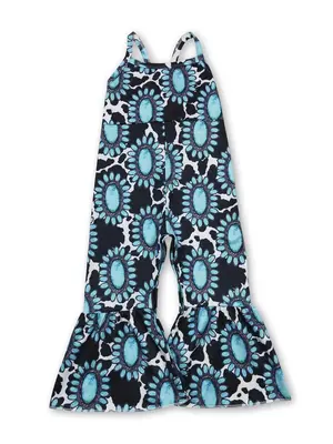 Western Turquoise Cow Printed Girls jumpsuit