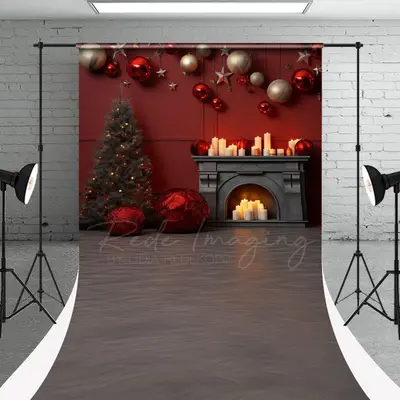 Fireplace Candle Christmas Tree Portrait Backdrop - Aperturee