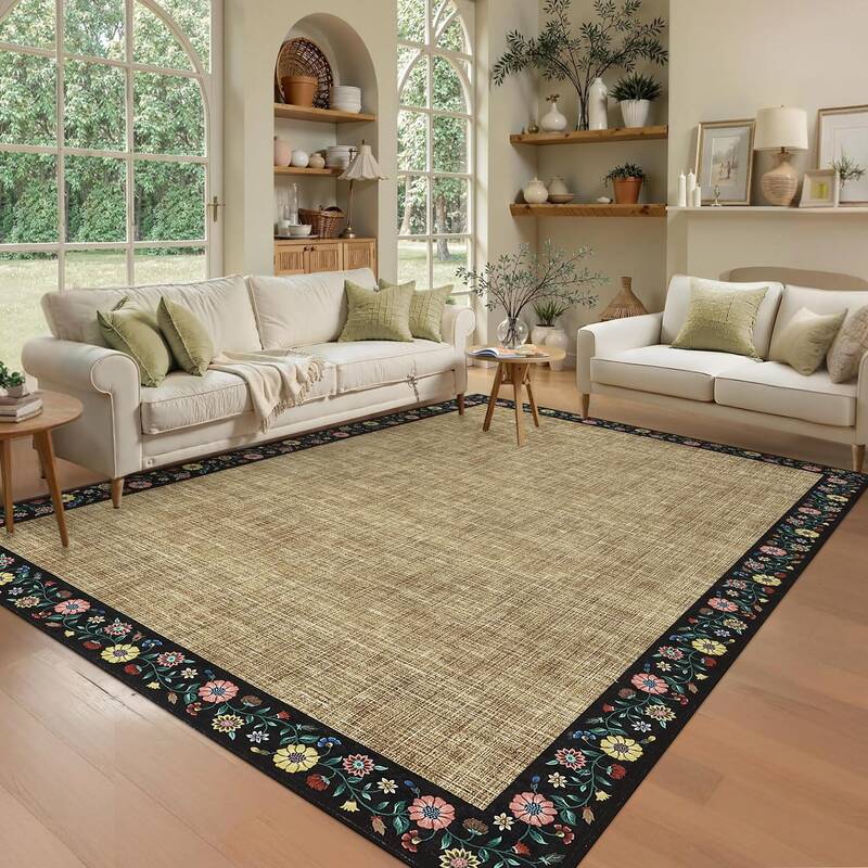 Garvee Bordered Yellow 9x12 Washable Living Room Rug Floral Bordered Soft Low Pile Non-Slip TPR Backing Polyester Indoor Carp...