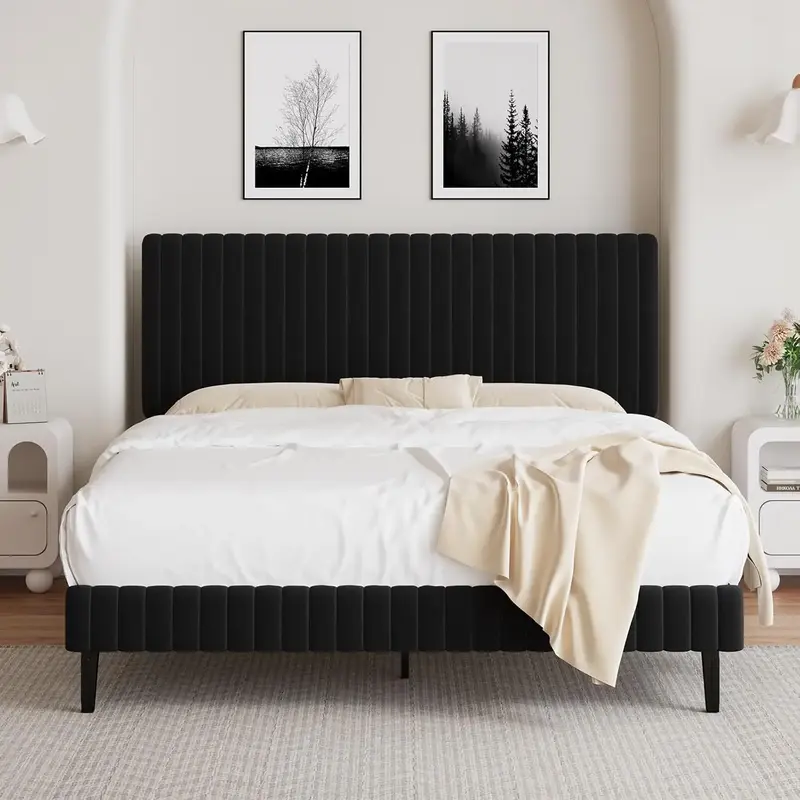 HOMBCK Velvet Upholstered Platform Bed with Vertical Channel Tufted Headboard and Footboard, No Box Spring Required, Easy Ass...