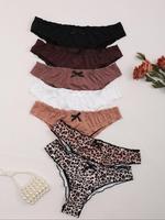 Women's Plain / Leopard Print Bow Decor Brief, Soft Comfy Fit Breathable Panty for Daily Wear, Thongs, Underwear for All Sea...