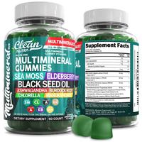Clean Nutra Sea Moss Black Seed Oil Gummies with Ashwagandha, Elderberry, Burdock Root, Chlorella, Manuka Honey - Vegan Gummy...