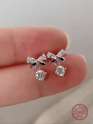 S925 Sterling Silver Cute Bowknot Design Earrings, Fashionable Zircon Inlaid Jewelry for Women & Girls, Trendy All-match & Ex...