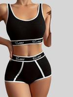 Women's 10pcs Letter Tape Wireless Bra & Contrast Binding Panty Shorts Sets, Soft Comfy Casual Breathable Lingerie Set for Da...