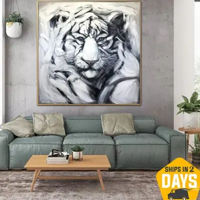 Original White Tiger Modern Painting On Canvas Abstract Animal Artwork Modern White and Black Oil Painting Wall Art for Room ...