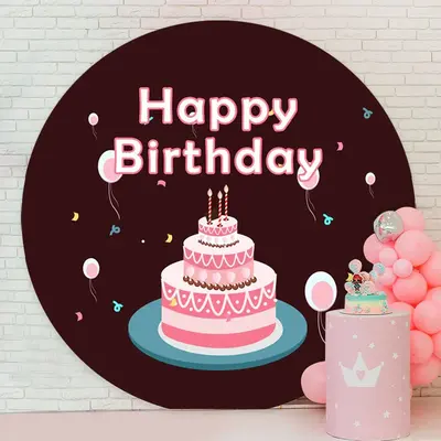Aperturee Pink Cake Round Black Happy Birthday Backdrop