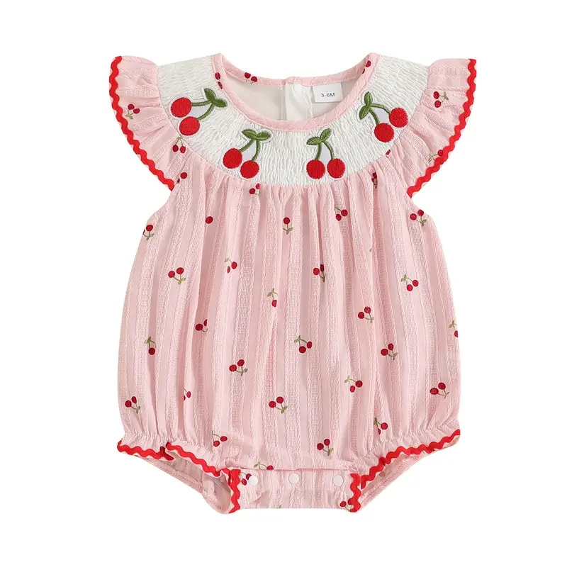 Newborn Smocked Baby Girl Bubble Romper Sleeveless Ruffle Linen Onesie Bodysuit Infant Cherry Fruit Summer Outfits