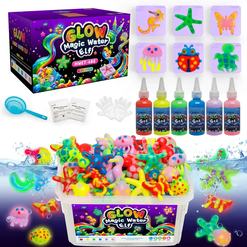 Kiditos Glow in The Dark Magic Water Elf Toy Kit with  6 Colors Glow Gels, 6 Molds - Imaginative Play, Christmas Gifts, Birth...