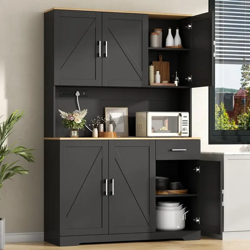 Farmhouse Kitchen Pantry Cabinet 71 Tall with 4 Adjustable Shelves, 6 Doors, Power Outlet, Freestanding Design for Kitchen ...