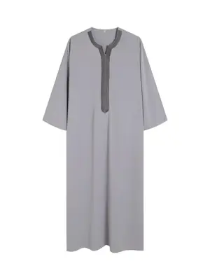 Men's Regular Fit Contrast Embroidering Notched Neck Kaftan, Chic Long Sleeve Arabic Thobe Long Robe for Daily Wear, Mens Mus...