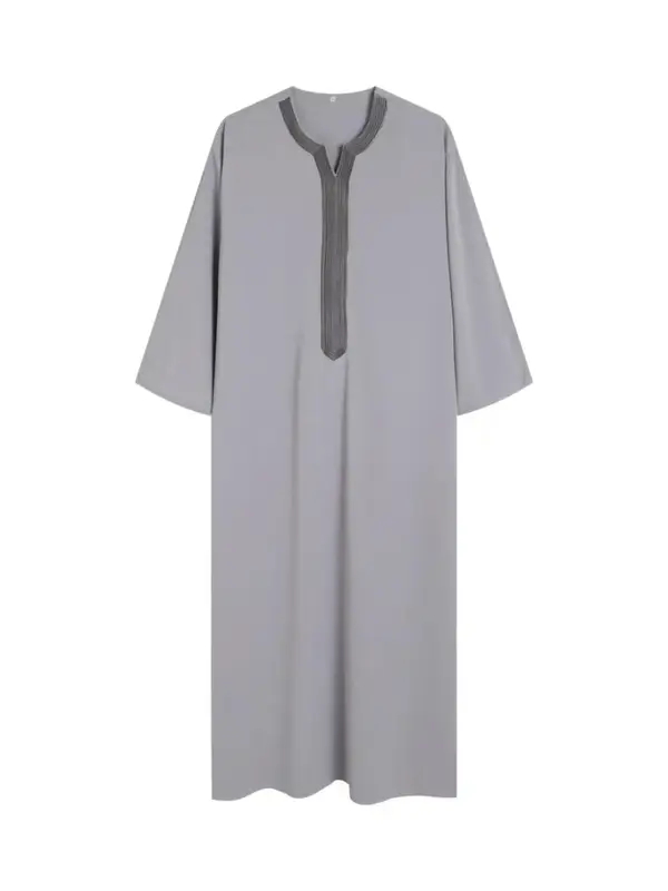 Men's Regular Fit Contrast Embroidering Notched Neck Kaftan, Chic Long Sleeve Arabic Thobe Long Robe for Daily Wear, Mens Mus...