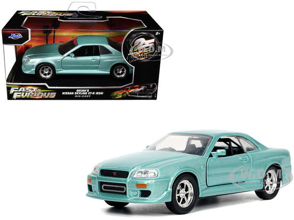 Brian's Nissan Skyline GT-R (BNR34) RHD (Right Hand Drive) Turquoise Metallic Fast & Furious Movie 1/32 Diecast Model Car b...