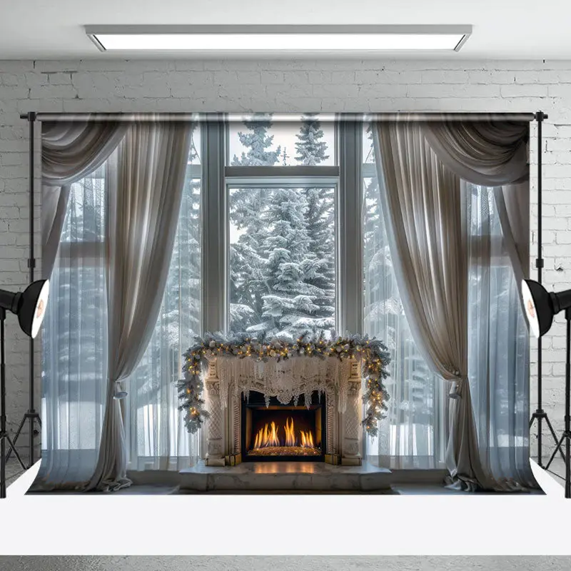 Snowy Trees Window View Curtain Christmas Backdrop