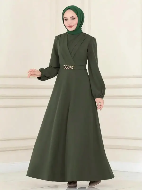 Women's Elegant Long Sleeve Round Neck Loose-Fit Woven Dress, All Season Fashionable Plain Color Casual Wear, Comfortable Mod...