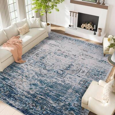 Garvee Washable 9x12 Area Rug Vintage Distressed Ombre Soft Fleece Non-Slip TPR Backing Foldable Living Room Bedroom Dining