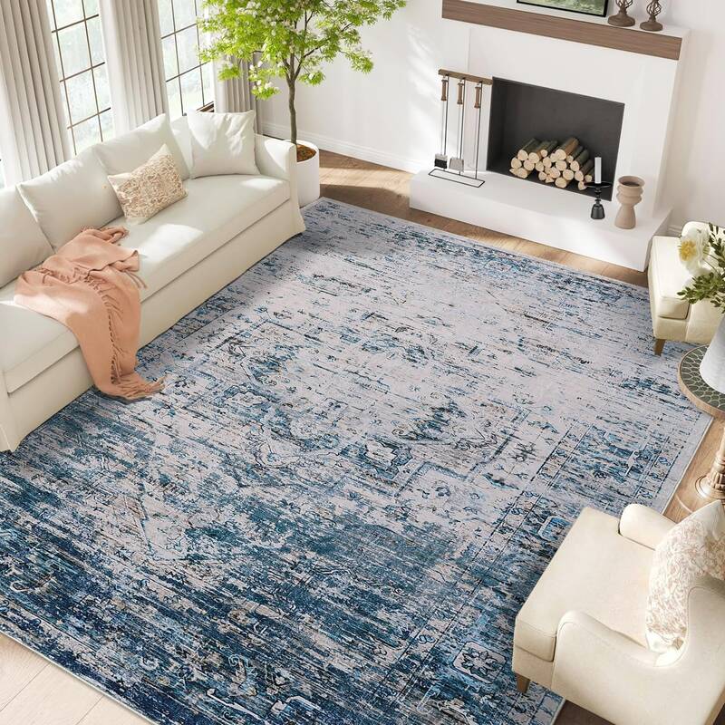 Garvee Washable 9x12 Area Rug Vintage Distressed Ombre Soft Fleece Non-Slip TPR Backing Foldable Living Room Bedroom Dining