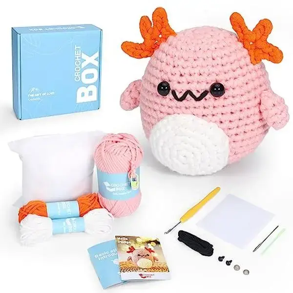 CrochetBox Crochet kit for Beginners Axolotl - Starter Amigurumi Set, Crochet Axolotl, All You Need in, Step by Step Video Tu...
